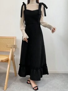 FRIFUL 2pcs Women's Solid Color Elegant Tie Fitted Soft Top And Skirt,Ruffle