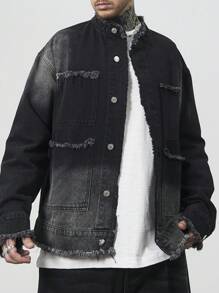 Manfinity Homme Áo khoác denim tối màu giản dị cho nam, mùa xuân và mùa thu, để đi chơi - màu đen - Xem 7