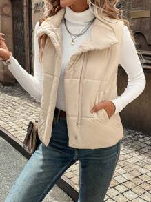 SHEIN LUNE Áo khoác vest đệm cho nữ có lớp lót rộng, cổ đứng và khóa kéo mở phía trước - Màu be - Xem 1