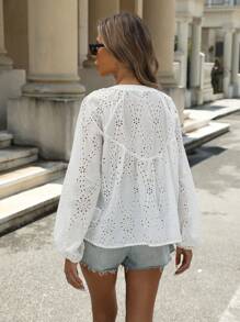 EMERY ROSE Eyelet Embroidery Eyelet Collar Button Lace Hem Long Sleeve Shirt Fall Cloth For Women - White - View 2