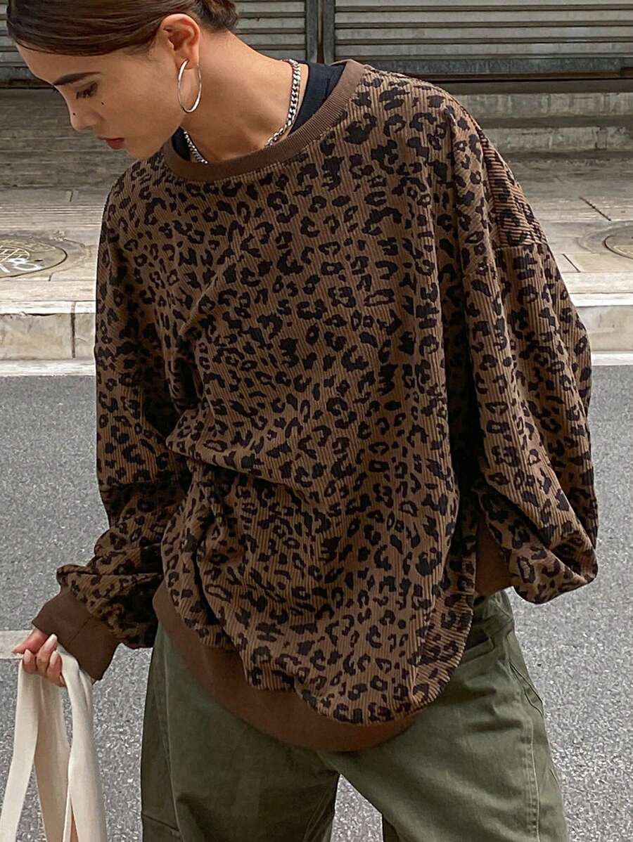 DAZY 女式豹纹超大圆领运动衫、长袖上衣 Y2K、秋装 - 棕色 - 查看 1
