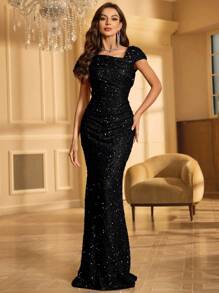 UNITHORSE asymmetrischer Ausschnitt Pailletten Dekor gerüschtes anliegendes formelles Kleid, Hochzeitsgast Kleid, Abendkleid, Brautkleid, Geburtstags-Outfit für Frauen, Abschlussball Kleid, Partykleid, Abendrobe - Schwarz - Übersicht 3