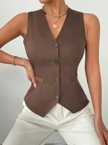 RosyDaze Women's Summer Solid Color Single-Breasted Casual Short Vest - Brown - View 1