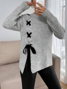 SHEIN Tall Tall Casual Contrast Color Cross Cord Placement Rib Knit Sweater With Slit,Jumper,Cream Jumper,Jumpers For Women,Jumpers,Black Jumper,Womens Jumper,White Jumper,Women's Jumper,Women's Jumpers,Winter Clothes Bow Clothes Sweater For Women