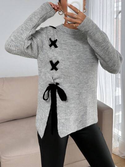 EURMUSE Pulover casual Petite, tricotat cu nervuri, în culori contrastante, cu șnur încrucișat și crăpătură