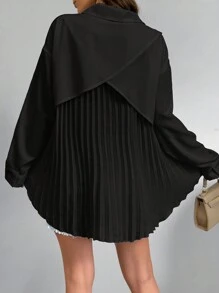 SHEIN LUNE 女式纯色纽扣长袖衬衫，后背有褶，休闲日常女式衬衫，女式长袖上衣秋季服装 - 黑色 - 查看 3