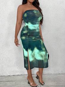 SHEIN Clasi Plus Size Women's Mesh Printed Knitted Strapless Draped Elegant Summer Dress, For Christmas Maxi Women Outfit - Green - View 5