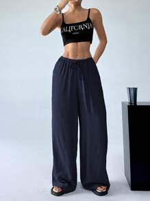 SHEIN EZwear 女式纯色抽绳口袋阔腿休闲飘逸裤 - 藏蓝色 - 查看 6