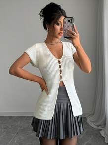 Chiquease Camisa de punto casual de manga corta con cuello en V y abotonadura de un solo color