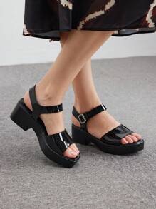 CUCCOO BIZCHIC Women's Fashion Black Square Toe Rhinestone Buckle Casual Sandals Christmas