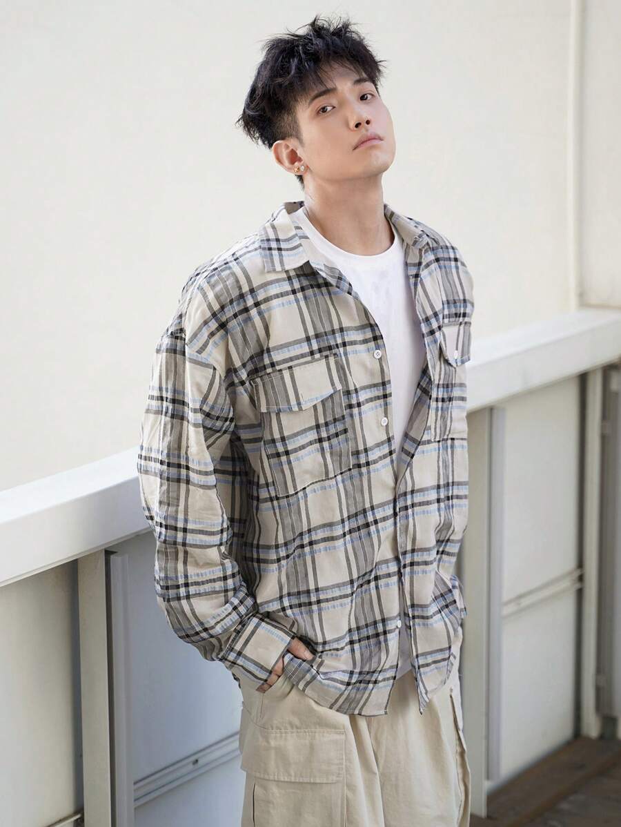 DAZY 秋季男士休闲格子口袋长袖衬衫 - 卡其色 - 查看 1