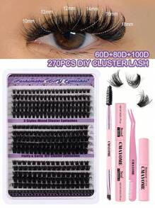 270 /300PCS DIY Lash Extension Kit, 10-18mm Length Mixed Black Single Eyelash Set, D30+D40+D50/60D+80D+100D Black D Curl Eyelash Bundle Extension Kit, Large Capacity Cluster False Eyelashes, Including Mascara Brush Tweezers Double Tip Adhesive Eyelash Removal Cream, For Home And Travel