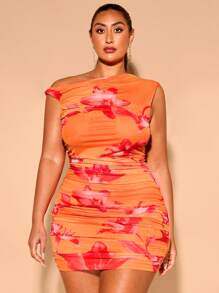 SHEIN BAE 大码女式夏季印花优雅乡村度假约会海滩女士短款连衣裙，女士生日连衣裙 - 橘色 - 查看 2