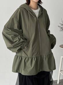FRIFUL Women's Solid Zip Front Drop Shoulder Ruffle Hem Hooded Light Jacket, Spring Autumn,Fall Women Clothes Women Coats - Green - View 7