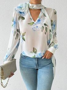 SHEIN Clasi Women's Elegant 3D Floral Decor Choker Collar Long Sleeve Blouse Fall Cloth For Women - White - View 5