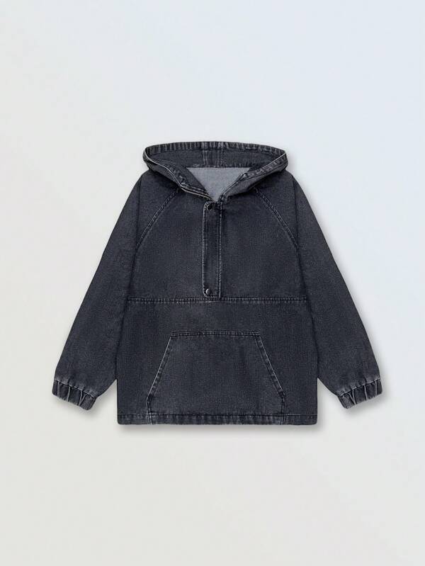 Teens' Casual Hooded Denim Washed Sweatshirt, Autumn & Winter