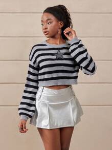 SHEIN Explorewe Teen Girl Star & Stripe Pattern Round Neck Dropped Shoulder Long Sleeve Cropped Casual Sweater, Spring & Autumn - Grey - View 4
