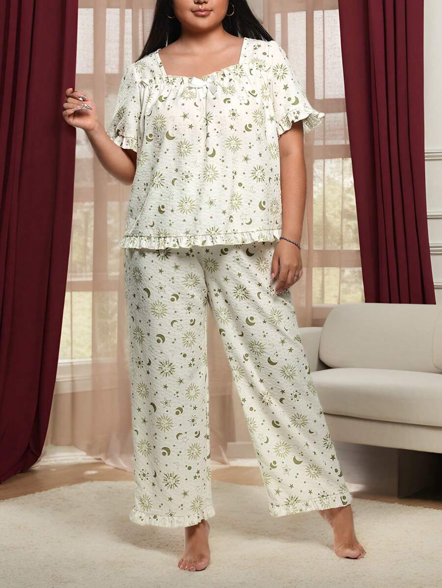 Brenda Ramalho Artist Plus Size Vacation Pajama Set, Square Neck Short Sleeve Top And All-Over Print Pants,Women Clothes,For Summer, Holiday