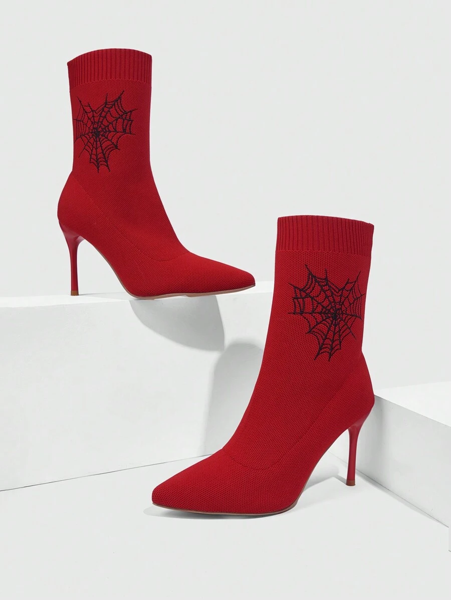 CUCCOO SZL بوت جزمة متوسطة الساق عالية الكعب من نوع البطانية بتصميم طرف مدبب بطبعة العنكبوت الأسود للنساء في عيد الميلاد وعيد الهالوين - الأحمر - مشاهدة 1