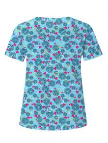 PopScrub Women's Plus Size All Over Print Short Sleeve Clothing Top Uniform, Plus Size Scrub Tops - Blue - View 2