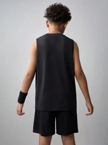 SHEIN Tween Boy Knitted Printed Vest With Slanted Pockets And Drawstring Shorts Sports Two-Piece Set - Black - View 3