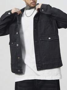 Manfinity Hypemode 男士休闲宽松牛仔夹克，春秋 - 黑色 - 查看 4