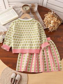 SHEIN 年轻女孩学院风可爱针织毛衣套装，春秋 - 粉色 - 查看 2