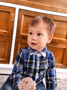 SHEIN 2pcs Infant Boys Fashion Navy Plaid Pocket Shirt & Navy Wash Denim Pants Set, Outfit For Fall/Winter - Blue - View 6