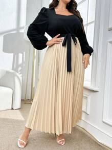 Mulvari 大码女式春秋撞色甜心领灯笼袖褶边优雅连衣裙，朴素连衣裙，适合日常休闲/度假/婚礼派对/晚会