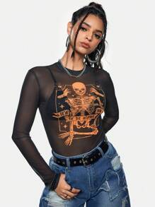 Eljasssss Blusa casual de mujer artista con cuello redondo, estampado de calavera en malla, en negro, estilo Y2K, urbano, oscuro, para Halloween, salidas, festivales, estilo occidental