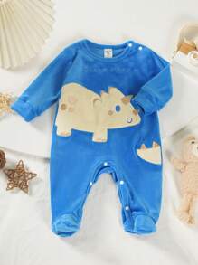 SHEIN 婴儿男孩蓝色简约可爱犀牛刺绣天鹅绒长袖连体衣睡衣 - 藍色 - 查看 5