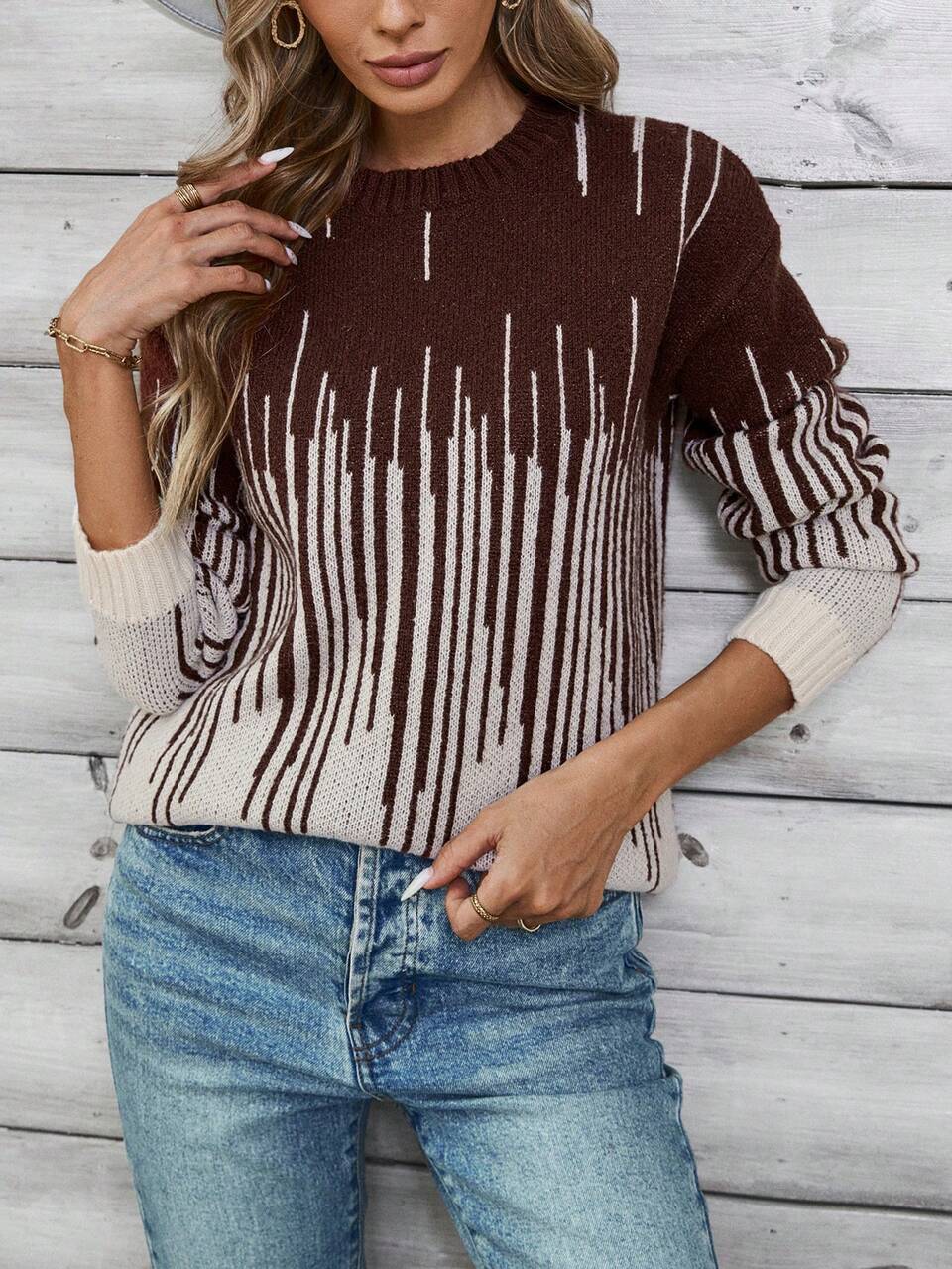Women's Long Sleeve Crew Neck Jacquard Sweater