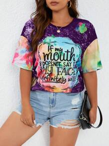 SHEIN LUNE Áo thun in chữ tay ngắn cổ tròn cỡ lớn, trang phục thường ngày - Màu tím - Xem 1