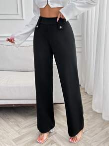 SHEIN Cottnline 女士纯色中腰直筒黑色商务裤，带纽扣细节 - 黑色 - 查看 5