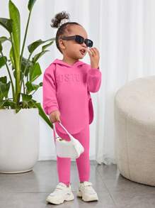 SHEIN 2 szt. Zestaw bluz i legginsów dla dziewczynki z wytłoczonym szaro-zielonym kapturem - Wyrazisty róż - Zobacz 4