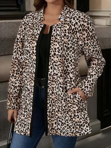 SHEIN Clasi 大码豹纹拼色开衫，带口袋，带口袋 - 卡其色 - 查看 6