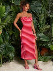 Travachic バケーション マルチカラーストライプツイストディテール ハイスリットバンドゥードレス - マルチカラー - チェックする 3