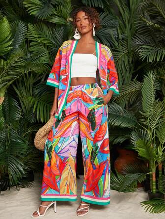 Travachic Floral Print Kimono & Wide Leg Pants, Vacation Outfit