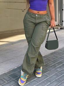 女士休闲直筒工装裤，拉链设计，水洗外观，适合所有季节