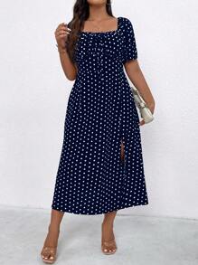 SHEIN Clasi 大码方领前系带短袖全身印花休闲连衣裙