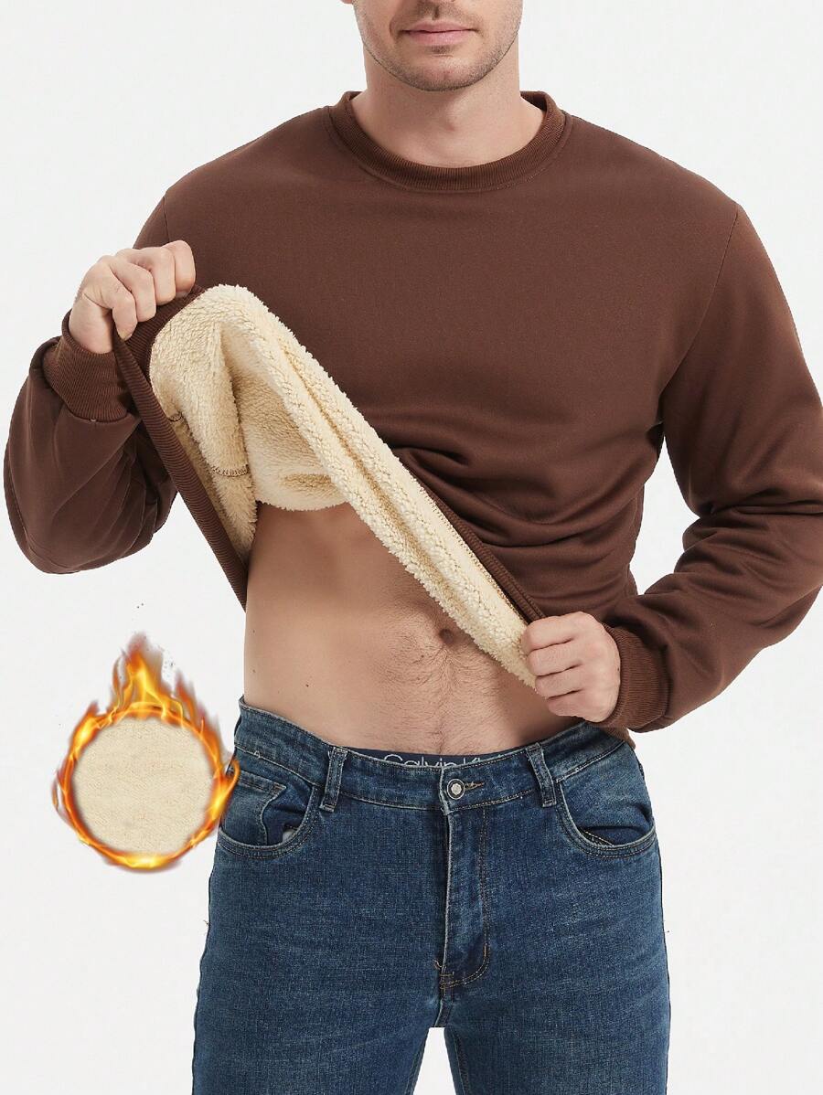 Manfinity Homme Herren einfarbiger Rundhalspullover mit Langarm aus Fleece, Herbst/Winter - Braun - Übersicht 1
