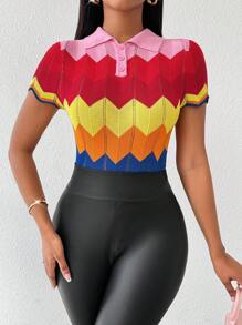 SHEIN Lady 彩虹条纹短袖女式毛衣 2024 秋季服装女式上衣 - 彩色 - 查看 6