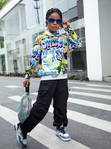 Tween Boy Autumn Graffiti Letter Print Hoodie - Multicolor - View 3