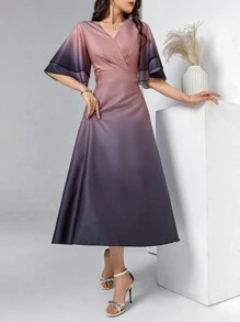 Modelyn 女士优雅渐变色 V 领荷叶边下摆长裙，夏季超长女士装长款晚礼服 - 彩色 - 查看 6