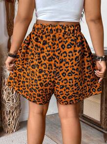 Breezaya Plus Size Leopard Print Paper Bag Waist Tie Casual Vacation Shorts