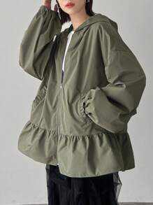 FRIFUL Women's Solid Zip Front Drop Shoulder Ruffle Hem Hooded Light Jacket, Spring Autumn,Fall Women Clothes Women Coats - Green - View 5