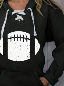 INAWLY 女士休闲足球印花连帽套头衫（秋季款） - 黑色 - 查看 4