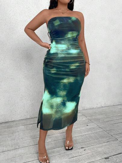 SHEIN Clasi Plus Size Women's Mesh Printed Knitted Strapless Draped Elegant Summer Dress, For Christmas Maxi Women Outfit