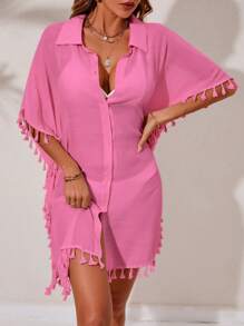 SHEIN Swim 流蘇邊蝙蝠袖前紐扣和服罩衫