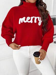 Áo len cổ cao họa tiết chữ thường cỡ lớn, quần áo thu đông cho năm mới - Đỏ - Xem 5